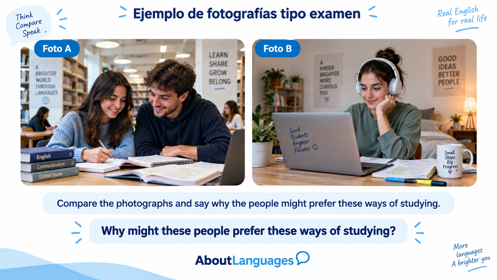 Ejemplo de B2 First Speaking Part 2 con dos fotografías para comparar