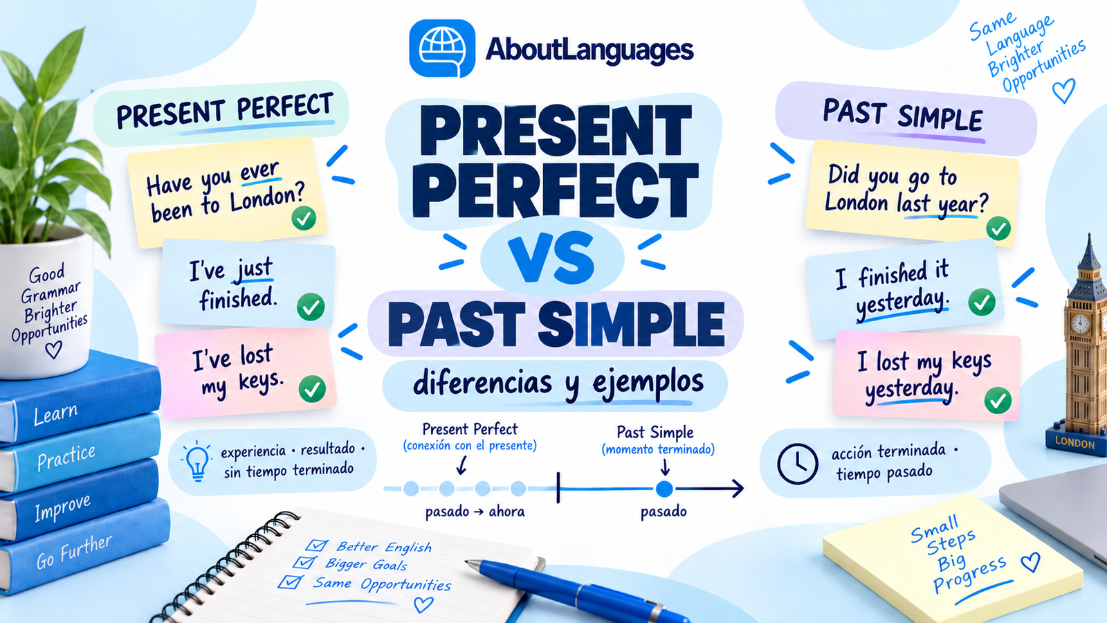 Present Perfect vs Past Simple con ejemplos y diferencias de uso
